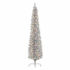 Puleo International 6-ft. Pre-Lit Silver Tinsel Pencil Artificial Christmas Tree